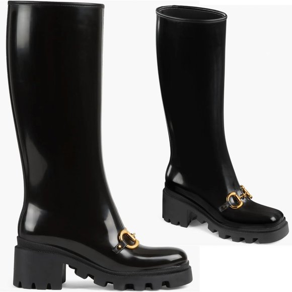 NEW GUCCI Knee High Rubber Horsebit Tall Rain Boot Nero Black Horse Bit Lug 34 - Picture 1 of 3